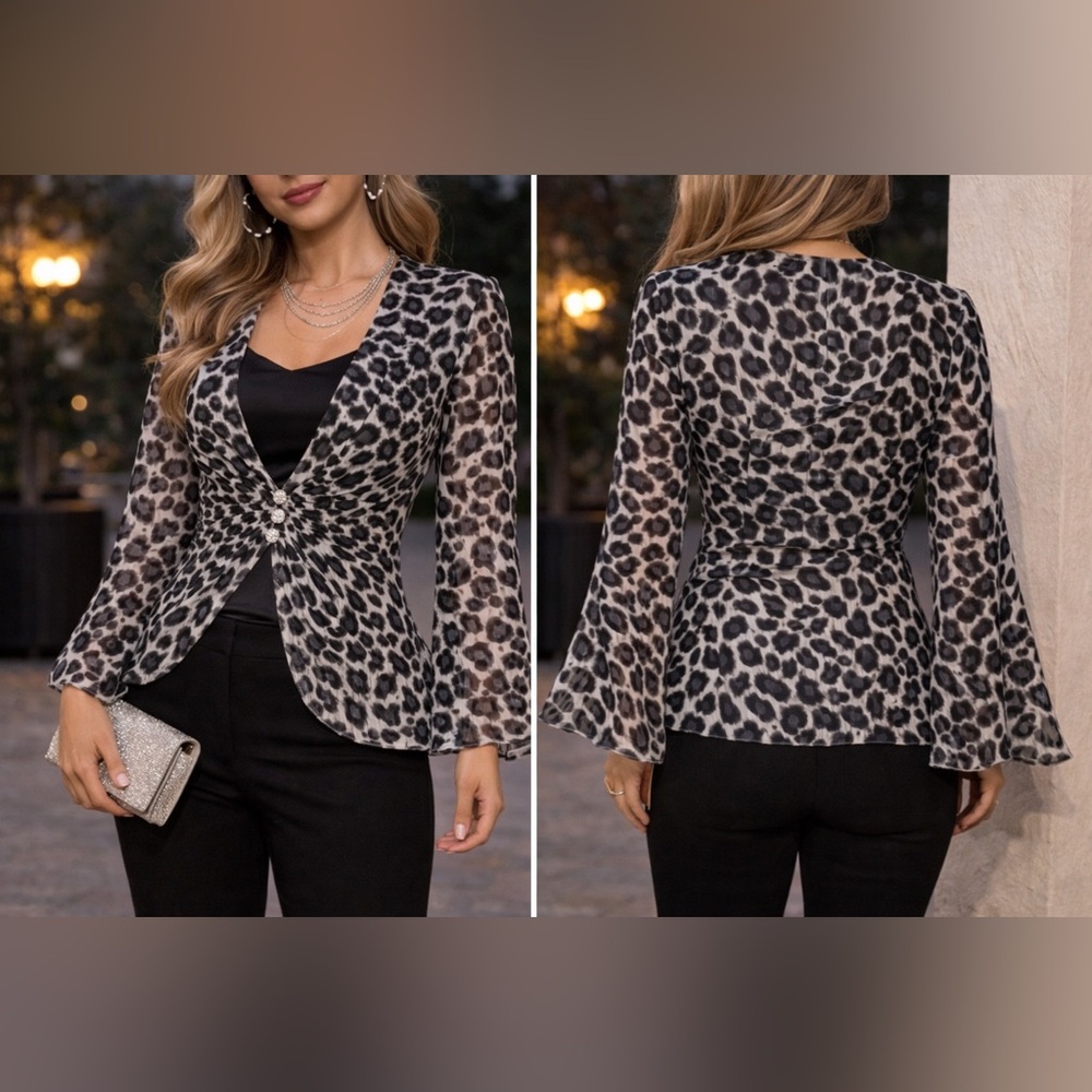 Alex Evenings Petite Leopard Print Sparkle Evening Jacket SP Rhinestone